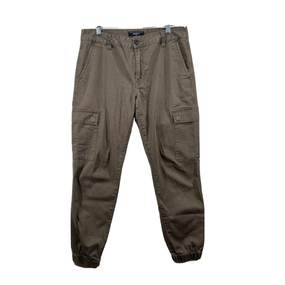 Forever 21 Women’s Sz 32 Olive Green Brown Cargo Pants 100% Cotton Cuffed Ankle